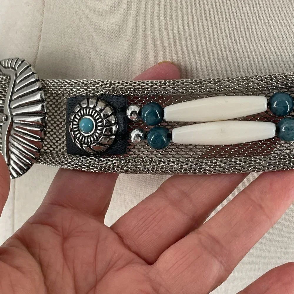 Southwestern Waist Hip Belt Silver Mesh Ivory Bead Faux Turquoise Concho Boho XL